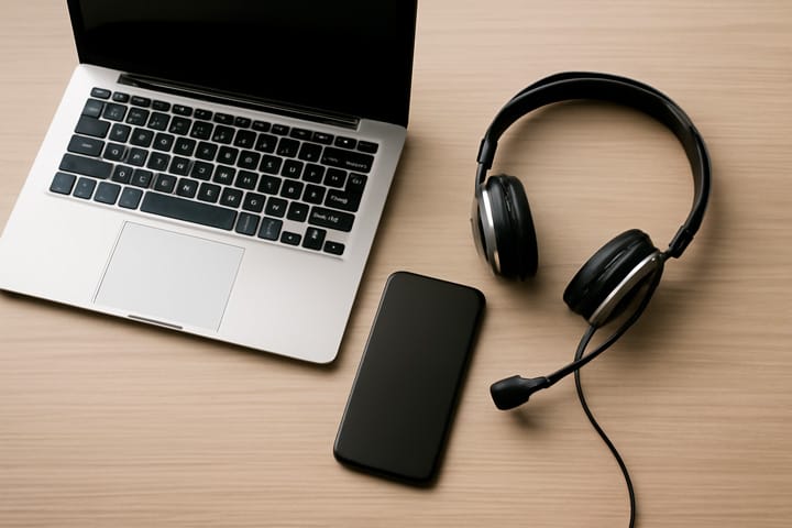 Portatil, móvil y auriculares con micrófono